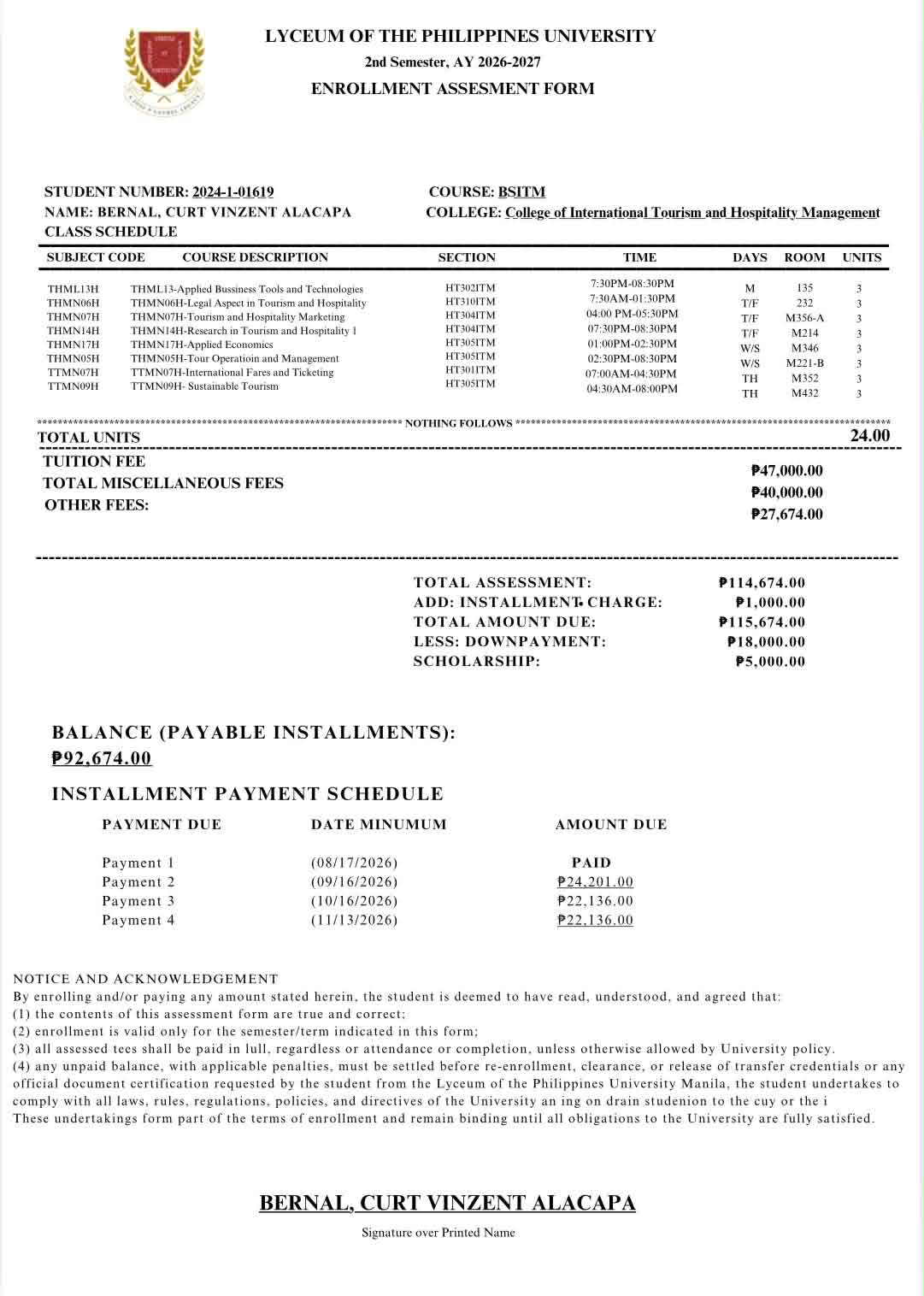 Enrollment assessment form